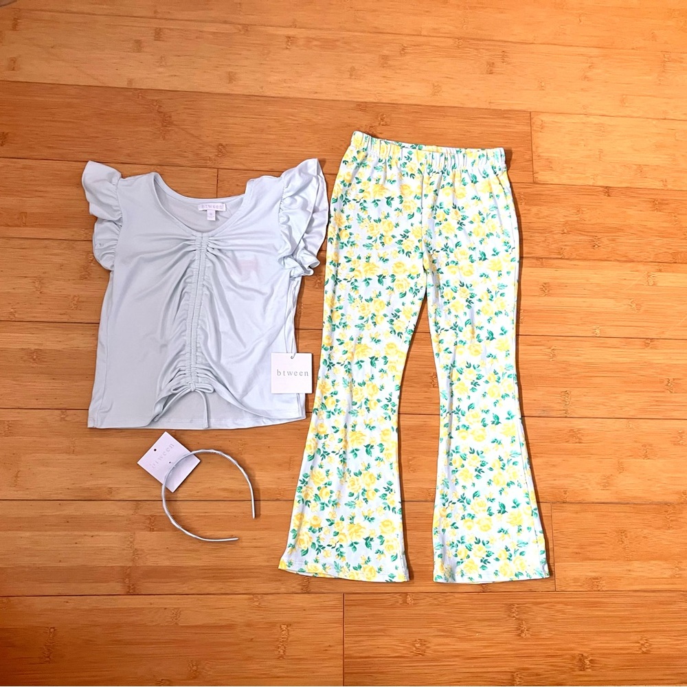NWT Girls Size 6 Outfit - Blue Ruched Top & Yellow w/ Blue Flower Flare Pants